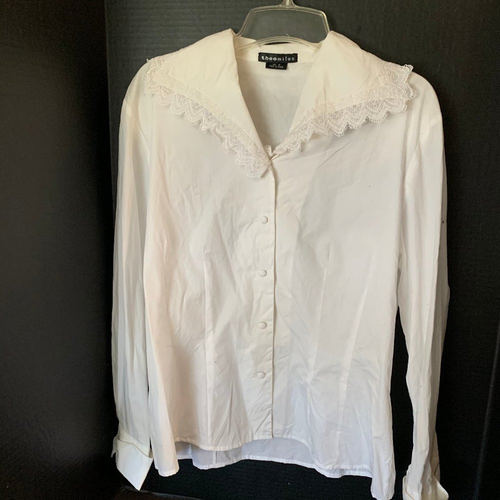 Theo Miles Blouse White Vintage Lace Trim Size 12